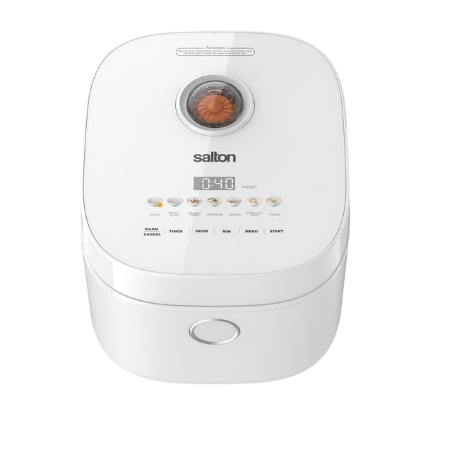 Salton Multifunction Micom Rice Cooker 20 Cups RC2129WH in white, front view with digital timer and cooking mode icons for white sushi, brown rice, porridge, quinoa, steel cut oats, and steam, featuring an orange turbo fan vent on top and a silver circular button on the front, ideal for cooking various grains with fuzzy logic technology.