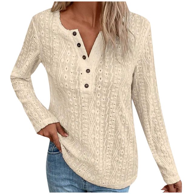 FAIWAD Haut à Manches Longues pour Femmes Col en V Boutons Tunique Couleur Unie Pull Décontracté Tendance