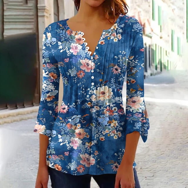 Blouses pour Femmes, T-shirt Imprimé Mode Manches 3/4 Blouse Col en V Hauts Décontractés