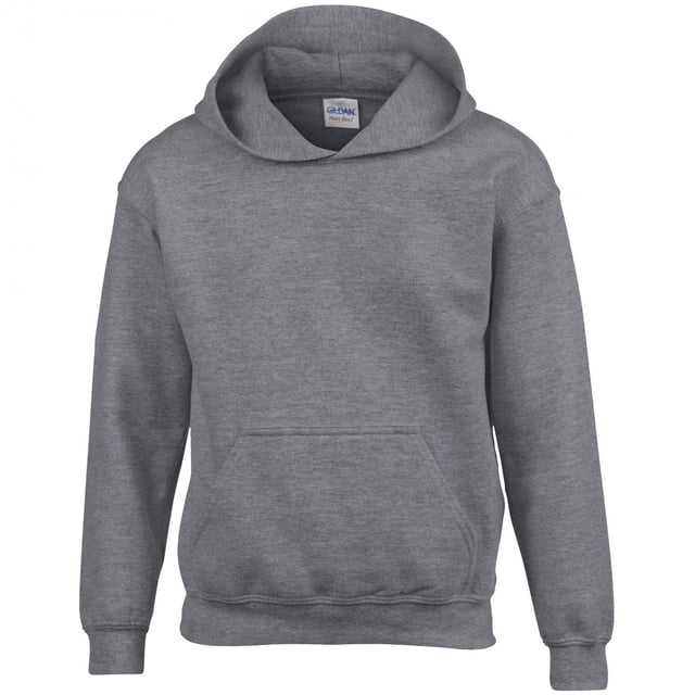 Gildan Heavy Blend Children's Hooded Sweatshirt Top / Hoodie in a plain grey design. Made from 50% cotton and 50% polyester with a midweight fleece fabric. Features include a double-layer hood, ribbed elastane cuffs and hem, a kangaroo pocket, and a pull-over fastening. The hoodie is anti-pilling, durable, and crafted with MVS air spinning technology. Certified to Oeko-Tex Standard 100 and Sedex for sustainability.