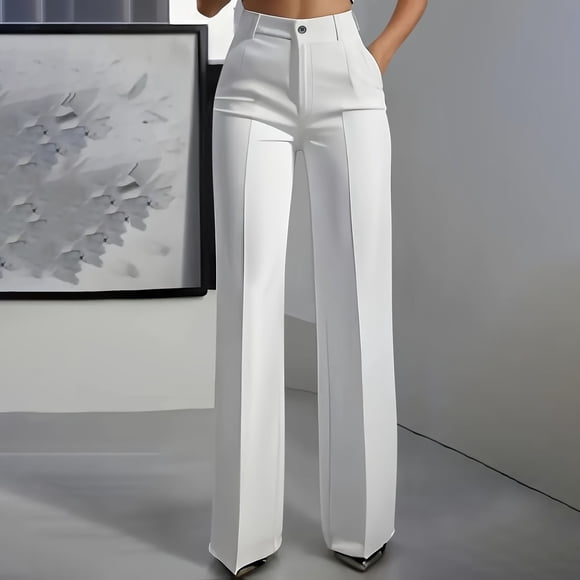 Nfurl Dress Pants for Women Business Casual Straight Leg Office Work Slacks with Pockets High Waisted Pleated Pull on Trousers Pants White,M