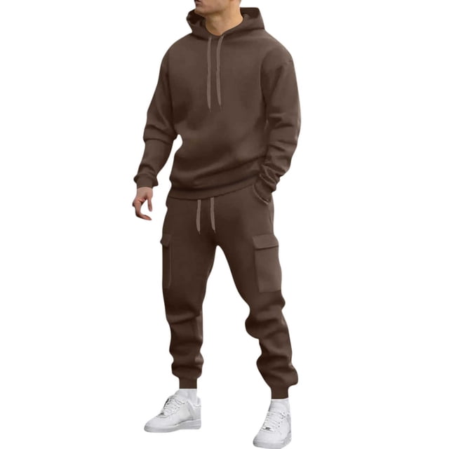 Mens Long Sleeve, Tracksuit with Hooded Pullover and Elastic Waist