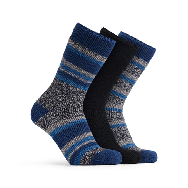 Polar Heat Nanuuq Men’s Premium Heat Wool Boot Socks – 3 Pack High Performance Winter Warmth in black mix navy. The image displays three pairs of thermal socks: one solid black pair and two striped pairs with blue, grey, and black tones. Made with 67% acrylic, 24% wool, and other materials, these socks feature a densely brushed interior for superior warmth and cushioning. Designed for cold weather, they offer a snug fit and impact protection, suitable for outdoor activities or lounging indoors.