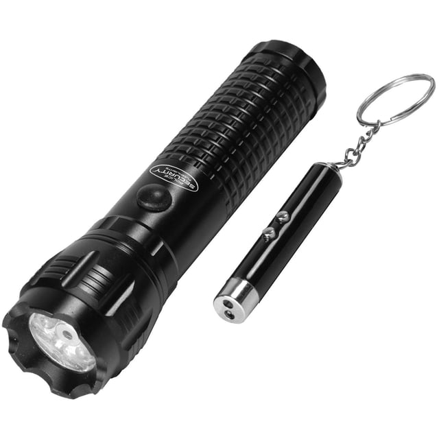 Police Security Brigade Flashlight with Laser Pointer featuring a black textured flashlight with push button and scalloped bezel, paired with a slim black laser pointer keychain with two buttons and metal key ring, ideal for camping and outdoor use.
