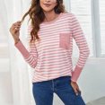 thumbnail image 4 of Mode Femme Décontracté Col Rond Manches Longues Poche T-Shirt Blouse à Imprimé Rayé Hauts Chandails pour Femmes Tendance S-62 Rose-A L, 4 of 8