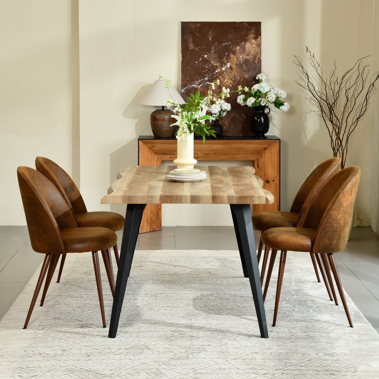 Homy Casa 5-Piece Dining Set, Walnut Wooden Kitchen Table with 4 Upholstered High-Back Brown Faux Suede Dining Chairs, Contemporary Live Edge Design