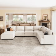 HONBAY Sectional Corduroy Sofa Bed Convertible 6-Seater Sleeper with Removable Sofa Covers and Storage Ottoman for Living Room, Beige
