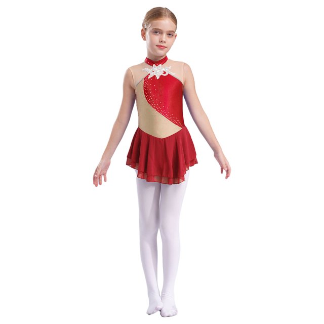 Oyolan Robe de Patinage Artistique pour Filles, Sans Manches, à Strass et Fleurs, avec Paillettes, Empiècement en Maille, Ballet, Patinage à Roulettes, Rouge, 8