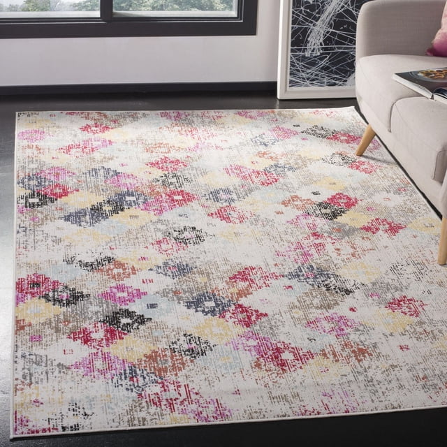 Safavieh Montage Tapis d'Extérieur Géométrique Nanda Présentant un Motif Géométrique Multicolore en Rose, Rouge, Noir, beige et Bleu Pâle sur un Fond Clair. Tissé Mécaniquement avec des Fils Synthétiques Durables pour la Résistance à l'Eau, à la Moisissure, au Mildiou et à la Décoloration du Soleil, Convient à une Utilisation Extérieure et Intérieure pour Améliorer les Espaces de Vie.