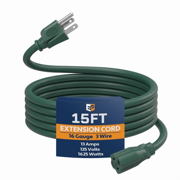 EP 15 ft Outdoor Extension Cord - 16/3 SJTW Green Electrical Cable with 3 Prong Grounded Plug
