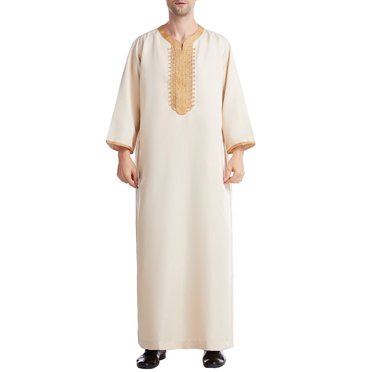CEHVOM Robe Musulmane pour Homme Robe Arabe Mi-Longue Style Manches 8/4 Brodée Col Montant Poche Longue Chemise Mode Décontractée Robe Solde