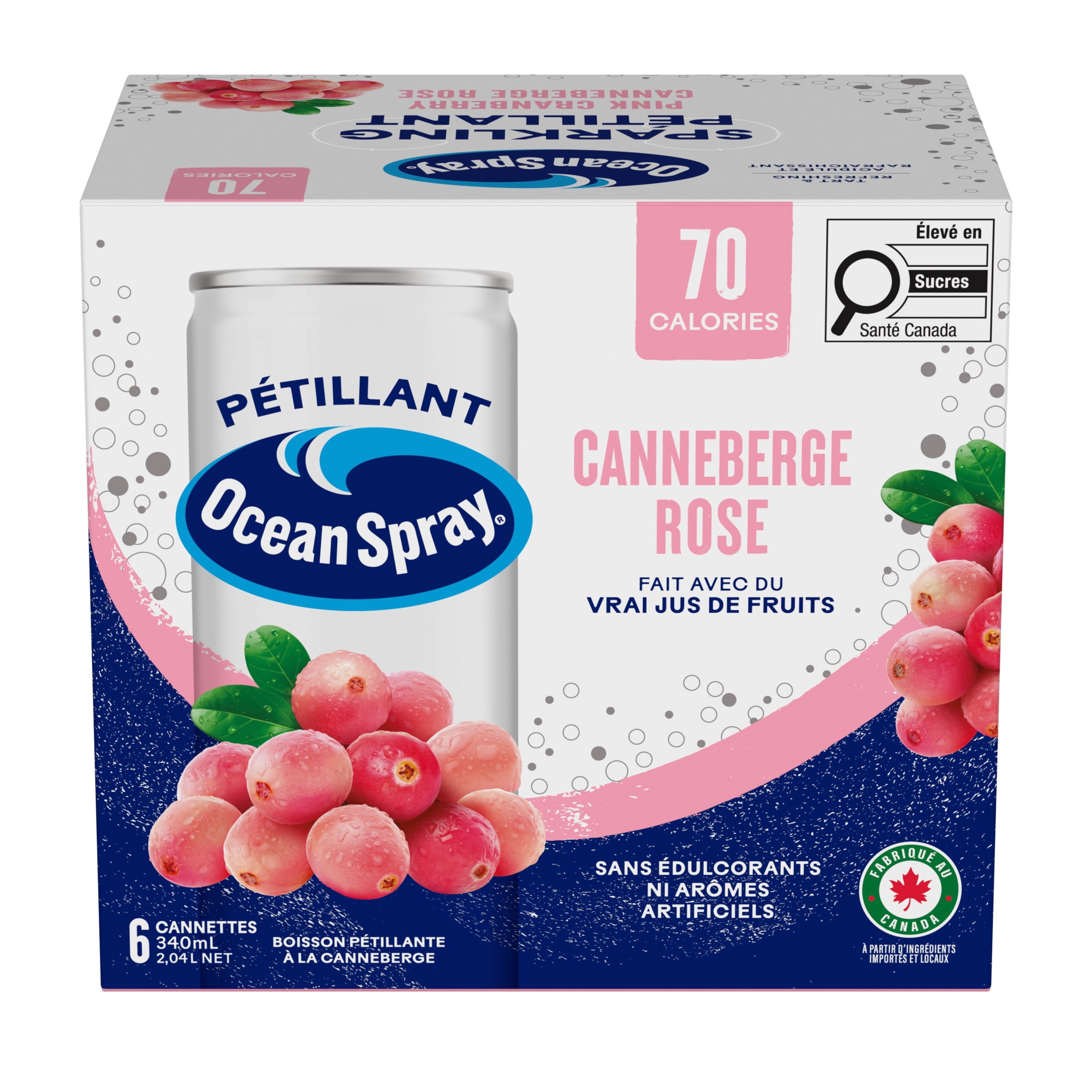 Ocean Spray boisson pétillante rose 6 canettes. Une explosion de bulles fruitées. Le goût rafraîchissant des canneberges roses, blanches et rouges mêlé à des bulles. Sans allergènes. Recyclable.