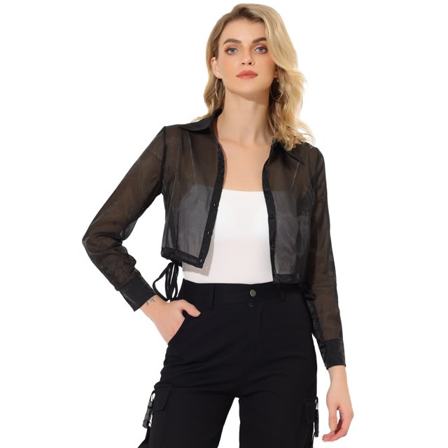 INSPIRE CHIC Chemise à Manches Longues Transparente en Maille à Col Pointu à Boutons devant pour Femme m Noir