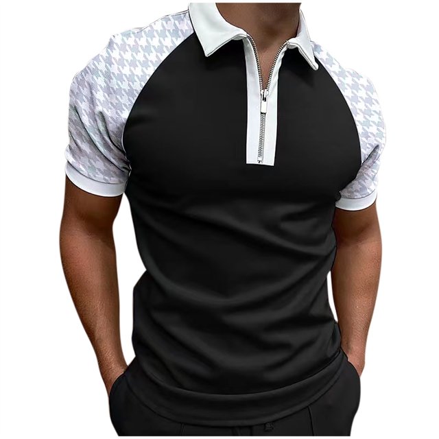 EGNMCR T-Shirts pour Homme Hommes Décontracté Uni Col Rabattu Chandail Patchwork Fermeture Éclair Manches Courtes Blouse Cadeaux pour Hommes