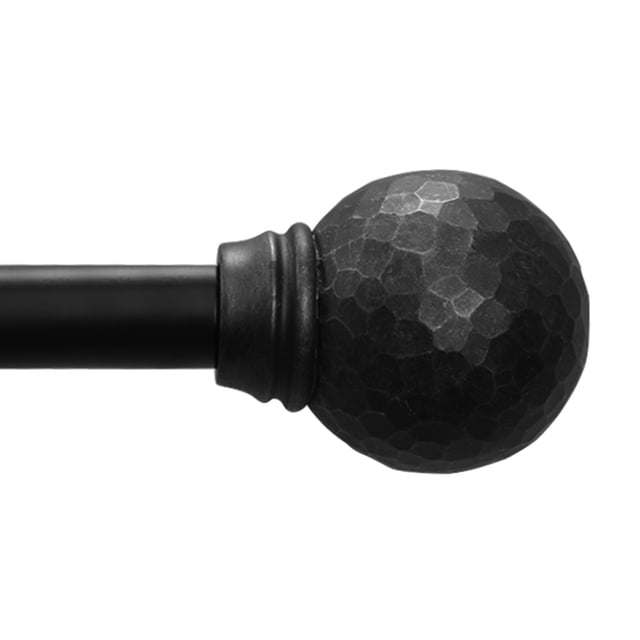 Mainstays 3/4” Matte Black Textured Ball Adjustable Curtain Rod, 30”-84” showing a close-up of the matte black rod with a textured, hammered spherical finial, suitable for window treatments and lightweight curtains, adjustable from 30 to 84 inches with included mounting hardware.