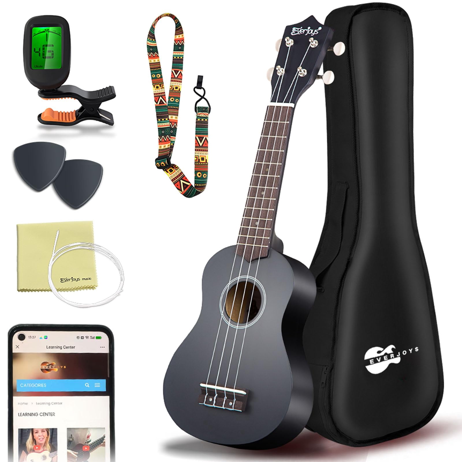 Everjoys Soprano Ukulele Beginner Pack-21 Inch w/Free Online Lesson Gig Bag Digital Tuner Pick Polishing Cloth All in One Kit