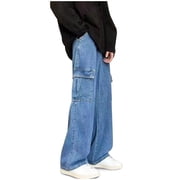 Lovzfmll Men's Jeans, Casual Denim Trousers with Drawstring Elastic Waist, Fall Clothes Solid Color Full Length Loose Fashion Pants