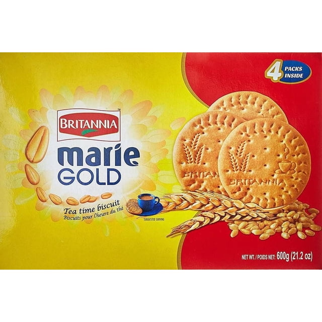 Britannia Mariegold Paquet de biscuits Marie Gold pour l'Heure du Thé, Contenant Quatre Paquets de biscuits Croustillants et Légers, Embossés de Blé et de Tasses, Présentés avec des Épis de Blé et des Arachides sur un Fond Jaune et Rouge, Poids net 600 g (21,2 oz).