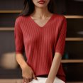 thumbnail image 2 of Womens Short Sleeve V Neck T Shirt 2025 Summer Ribbed Knit Slim Fit Basic Solid Color Tee Tops Fashion Clothes, 2 of 3