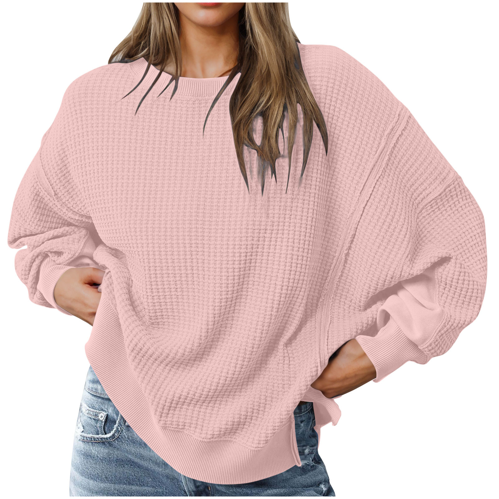 Pisexur Sweatshirts pour Femmes à Manches Longues Côtelées Col Rond Couleur Unie Chandail d'Automne Décontracté Confortable