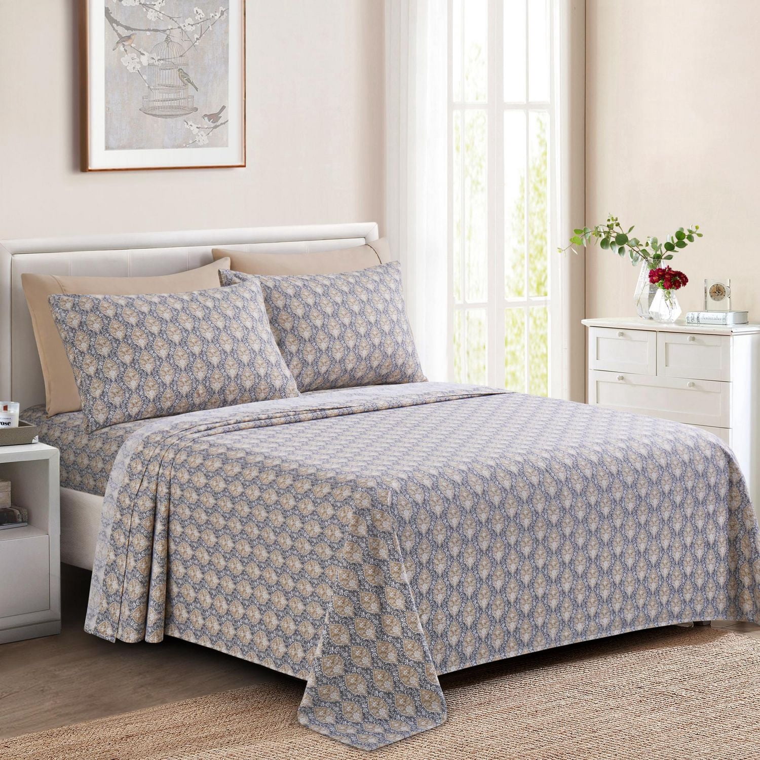 Ensemble de literie Marina Décoration ultra douce, soyeuse et riche en soie, imprimée, en rayonne de bambou, toutes saisons, avec taies d'oreiller, motif floral gris taupe