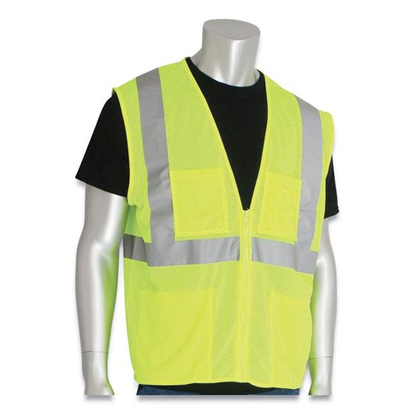 Protective Industrial Products 302-MVGZ4PLY-4X Polyester Mesh ANSI Class 2 Four Pocket Zipper Safety Vest, Hi-Viz Lime Yellow - 4XL