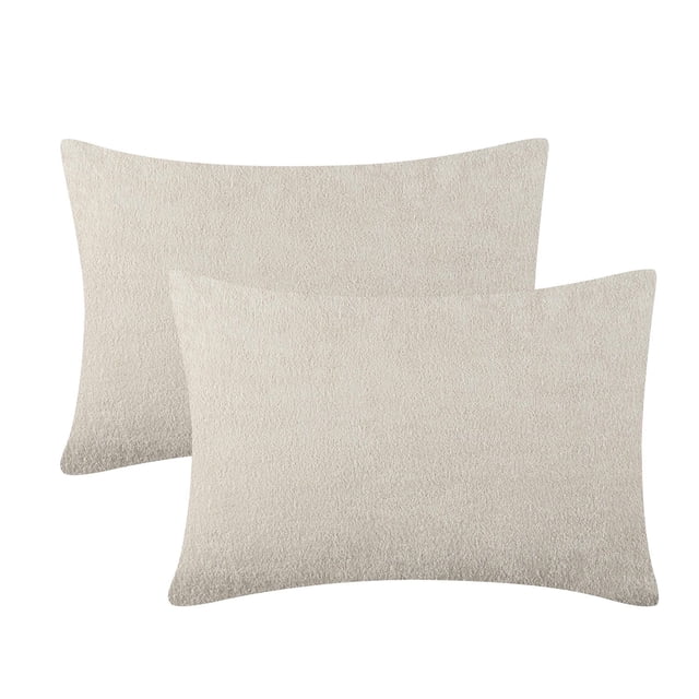 Beco Home Terry Pillow Case Pairs in silver cloud light taupe, showing two rectangular pillowcases with a soft terry knit texture made of 80% cotton and 20% polyester, suitable for bedding and bed sheets.