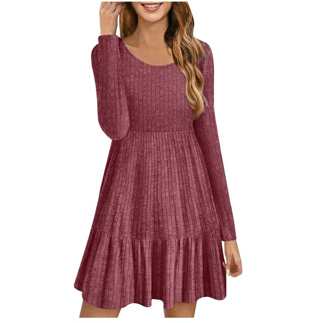 cfhntfmh Robe Chandail à Manches Longues pour Femmes Robe Mini en Tricot Doux à Manches Longues Décontractée d'Automne Col Rond Robe Moulante Côtelée