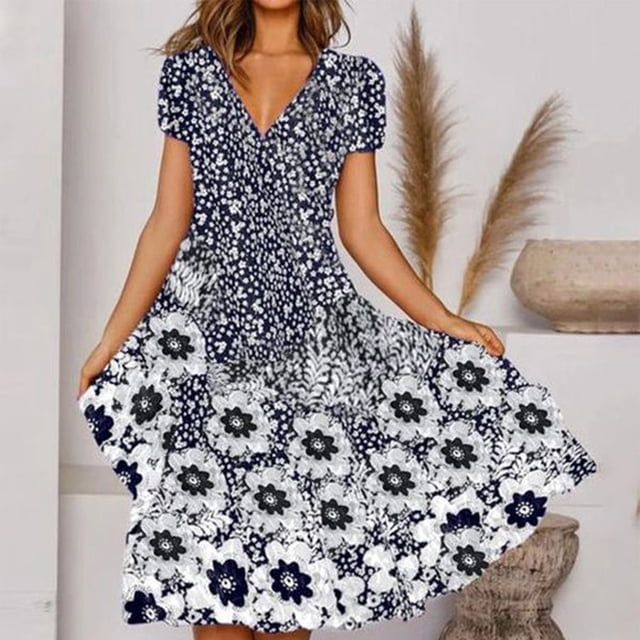 Pisexur Robe à Manches Courtes à Col en V pour Femme, Été, Imprimé Floral, Manches Courtes, Col en V, Robes à Empiècements en Dentelle, Mode, Robe à Jupe Longue, Robe pour Femme