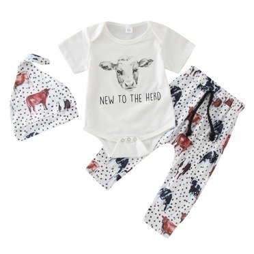 JIRNDf Baby Boy Short Sets Casual Infant Girls Short Sleeve Romper Bodysuit Cartoon Cow Prints Pants Hat Comfy Boys Cute Summer Outifts White 6-12 Months