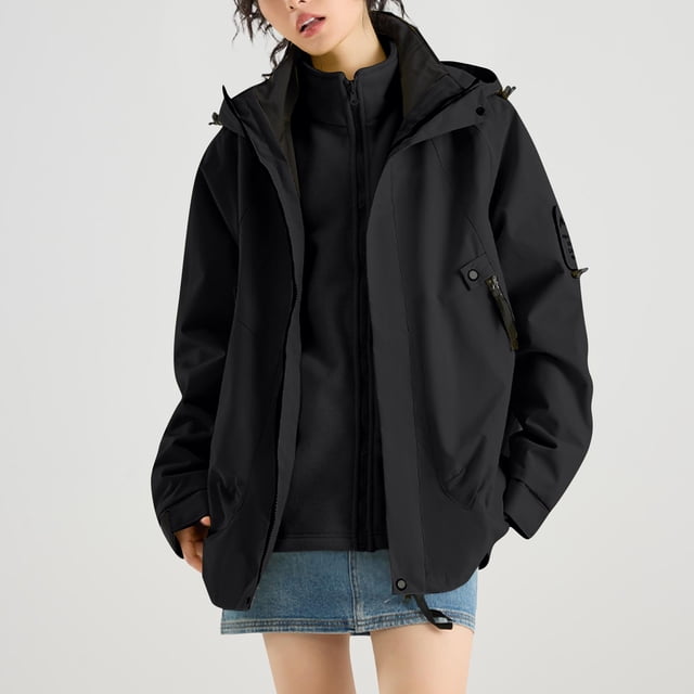 Women's Fashion Solid Color Long Sleeve Waterproof Rain Jacket with Zipper Pockets, Windbreaker Coat for Outdoor Use, Hooded Design for All-Weather Protection