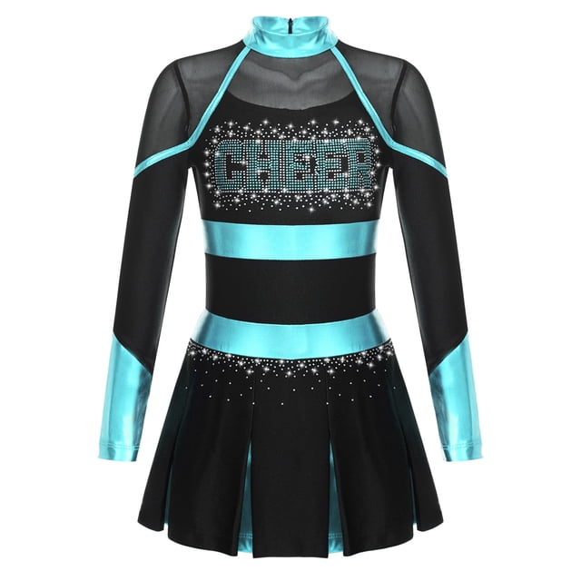 Lejafay Robe de Danse de Cheerleading Ballet pour Filles Uniforme Scolaire Robe Plissée à Manches Longues Tenues d'Halloween Noir&Bleu Vert 6