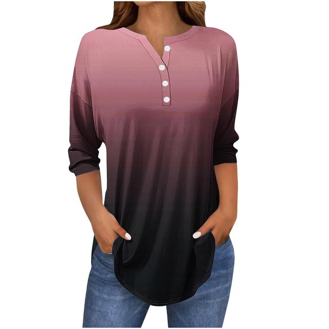 SwiftWear T-Shirts pour Femmes Mode Tendance Col Rond Manches Mi-Longues T-Shirt Couleur Dégradée Décontracté Ample Hauts Basiques