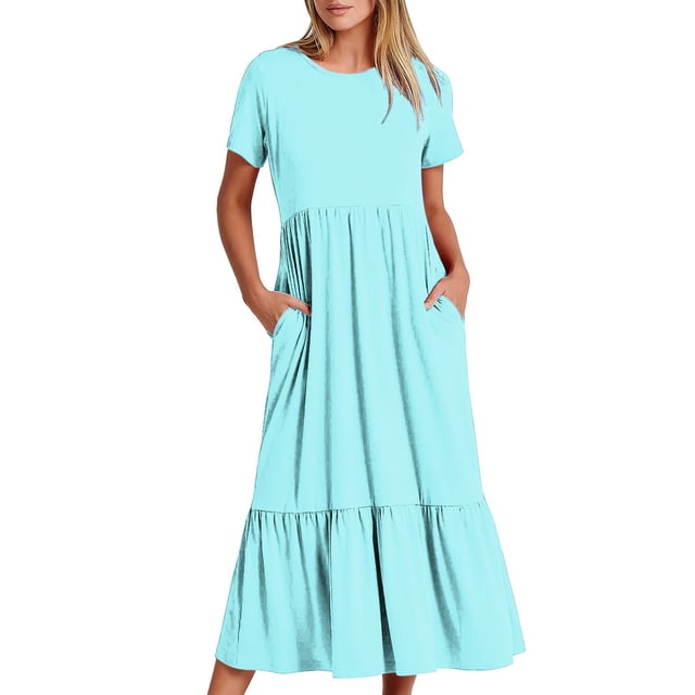 Penkiiy Robe T-Shirt d'Été Décontractée pour Femme à Manches Courtes, Col Rond, Basique Évasée, Fluide, Plage, Vacances, Robe Soleil, m Bleu Ciel