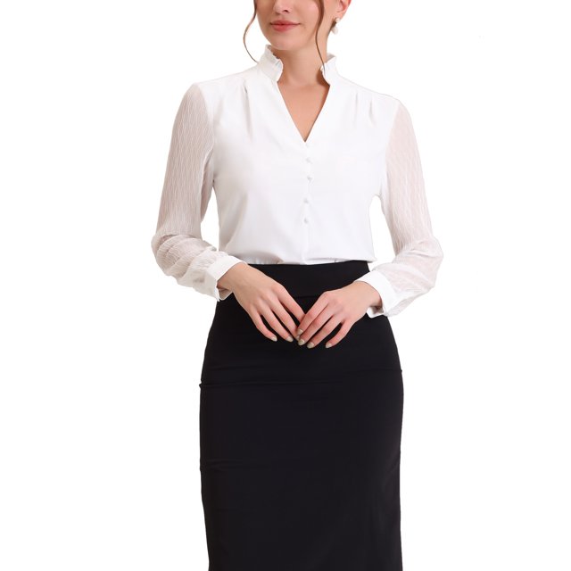 INSPIRE CHIC Women's Ruffle High Neck Shirt Button Decor Sheer Long Sleeve Blouse Tops XS White