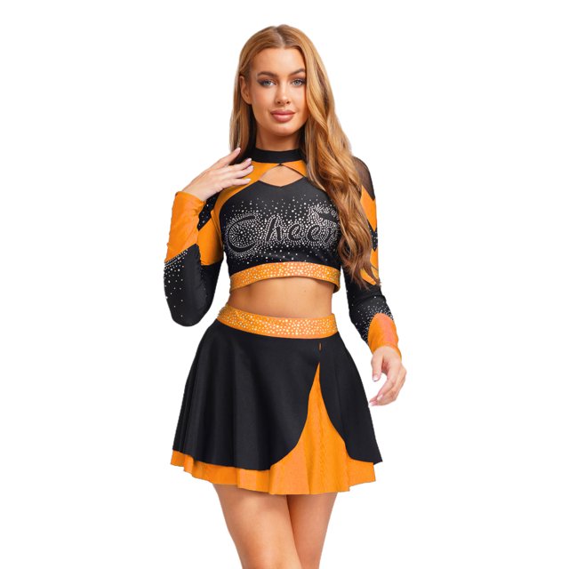 Aislor Womens Shiny Rhinestone Cheerleading Uniform 2 Piece Set Long Sleeve Crop Top & Skirt For Dance Orange XL