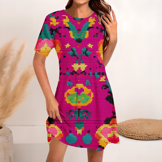 Ovzne Robes Grande Taille pour Femmes aux Formes Robe d'Été Mode pour Femmes Robe à Col Rond à Manches Courtes Imprimée Robe Chandail Robe Maxi Grande Taille à Manches Courtes Liquidation