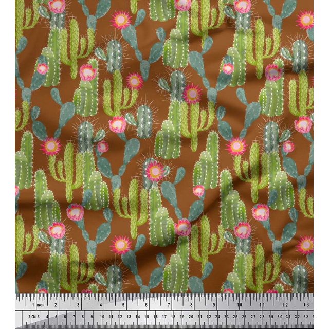 Soimoi Brown Modal Satin Fabric Flower & Cactus Tree Decor Fabric Printed BTY 42 Inch Wide