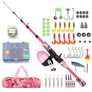 Fishing Rod and Reel Combo Full Kit 1.2m1.5m Telescopic Casting Rod Pole with Spincast Reel and Hooks Lures Swivels Carry Bag Pink 1.2M
