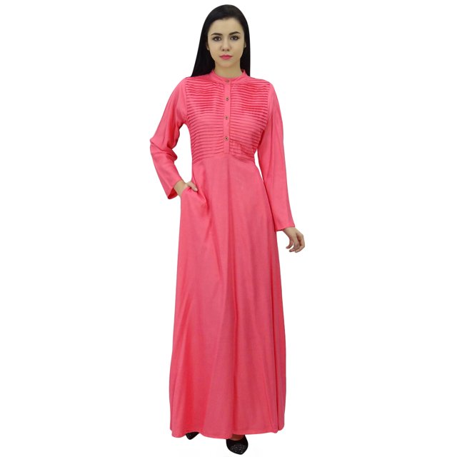 Bimba Robe Jilbab Unie à Manches Longues pour Femme, Col Mandarin, avec Poches