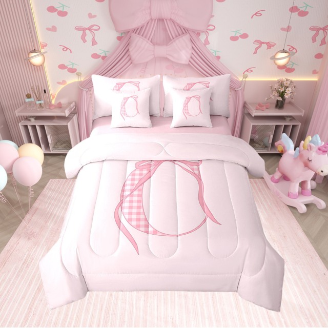Erosebridal Ensemble de Literie Complet à Carreaux Initiale C Format Simple, Ensemble de Lit Kawaii avec Ruban, Déco Nœud Dessin Animé, Réversible 7 Pcs