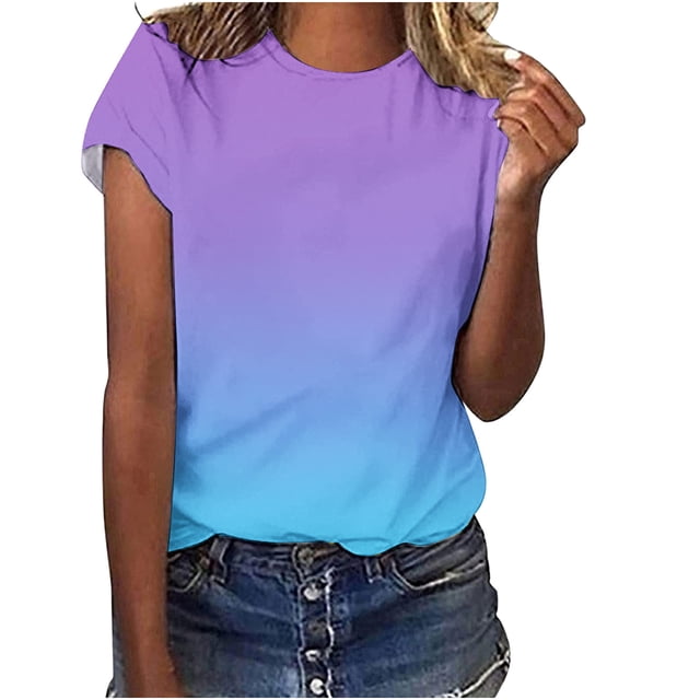 Yuyuzo Short Sleeve T Shirts for Women Round Neck Shirts Gradient Color Summer Tops Plus Size