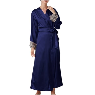 AherBiu Robes for Women Sexy Satin Lace Wedding Party Bathrobe Lightweight Full Length Long Robe with Belted