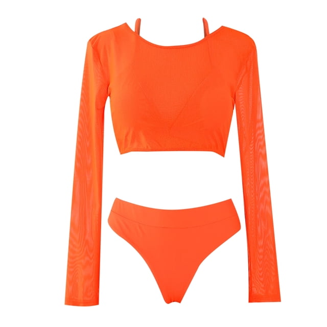 EGNMCR Bikini Set Women With Chest Pad Without Underwire Long Sleeve Mesh Three Piece Set Swimsuit