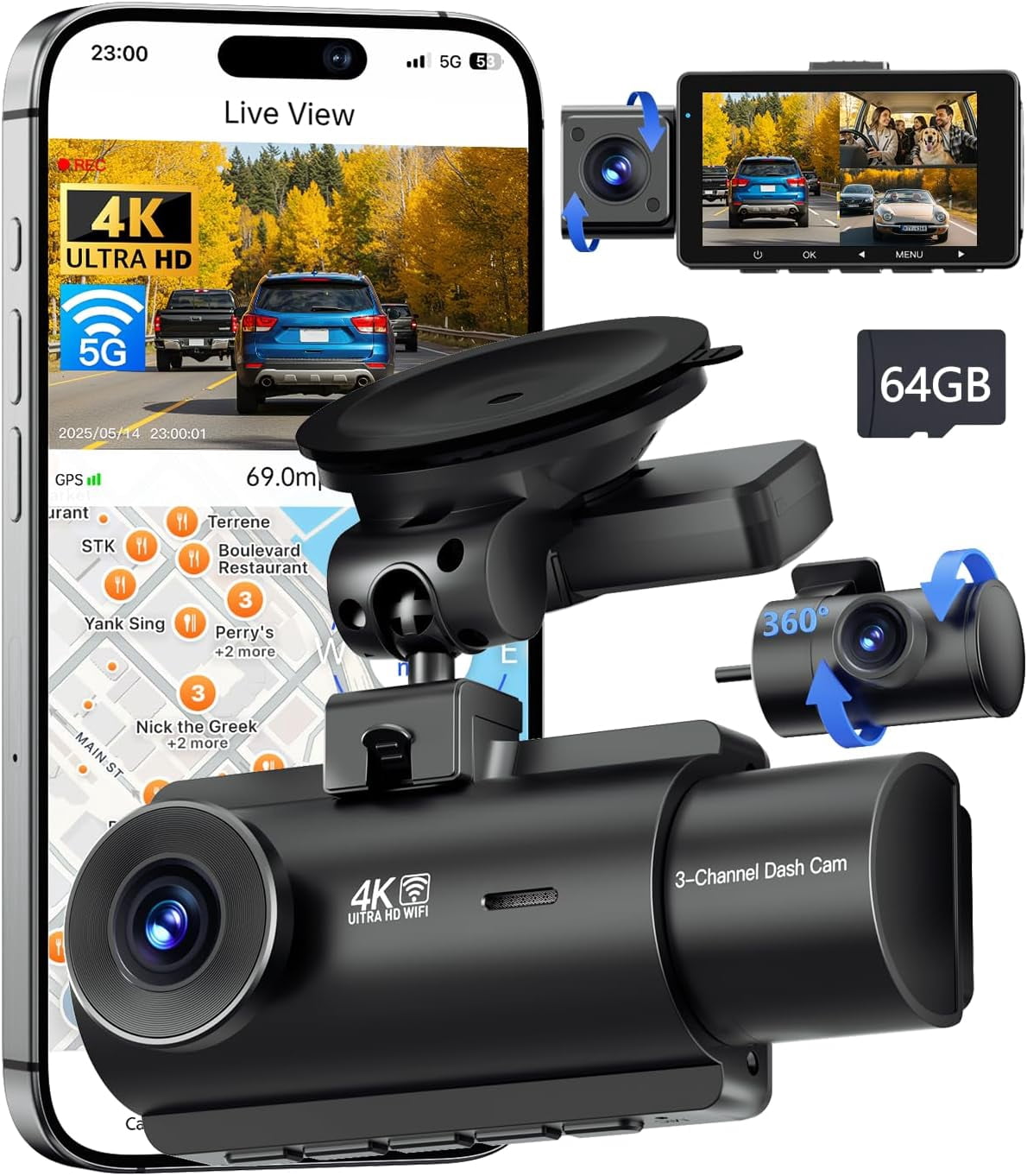 Tigebraver 4K 5G WiFi 3 Channel Dash Cam Front and Rear Inside, 4K+1080P+1080P Dash Camera for Cars,GPS Dashcam, Car Camera with 3-Inch Screen, IR Night Vision, 24Hr Parking Mode, G-Sensor, 64GB Card