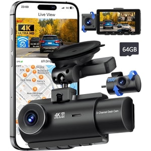 Tigebraver 4K 5G WiFi 3 Channel Dash Cam Front and Rear Inside, 4K+1080P+1080P Dash Camera for Cars,GPS Dashcam, Car Camera with 3-Inch Screen, IR Night Vision, 24Hr Parking Mode, G-Sensor, 64GB Card