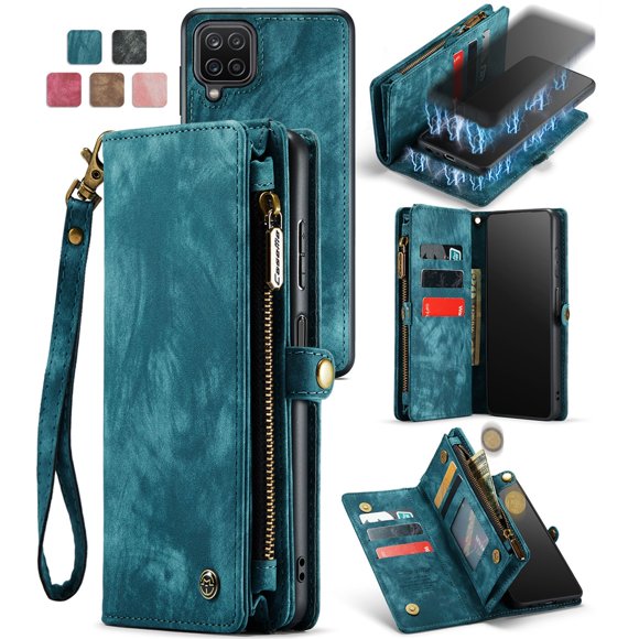 CaseMe Leather Case for Samsung Galaxy A12 5G,2 in 1 Detachable Wallet Case with 8-Card Holder Zipper Bills Slot,Magnetic Shockproof Flip Leather Cover Zipper Pocket Phone Cases,Blue