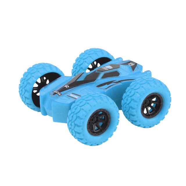 PVCS Inertial Double Side Drive Off-Road Vehicle Simulation Model Toy, a blue plastic play vehicle with black accents and durable shockproof wheels for rough terrain. Measuring 7x7.5x3cm, it uses inertial motion to drive and turn automatically upon encountering obstacles. Ideal for kids as a fun and educational toy car gift.