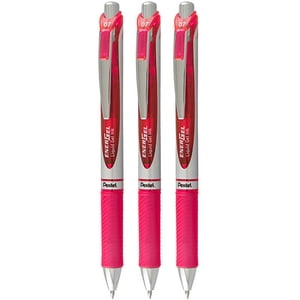 Pentel EnerGel RTX Retractable Liquid Gel Pen (0.7mm) Metal Tip Medium Line Pink Ink 3 Pack
