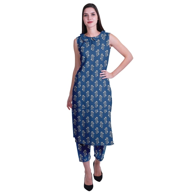 Moomaya Kurta Sans Manches à Col Peter Pan avec Pantalon Ensemble Ethnique 2 Pcs pour Femmes